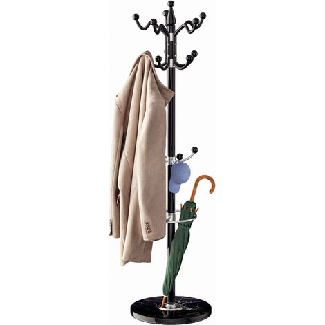 CASARIA® Curved Coat Rack with White Marble Base 14 Rotatable Hooks 37x37x175cm Black