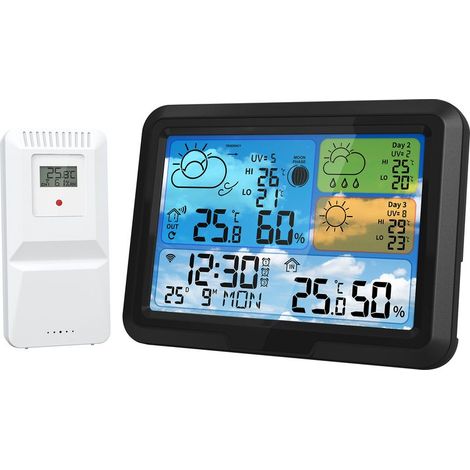 WiFi Station Météo avec Intérieure Extérieure Capteur sans Fil, Thermomètre Hygromètre Baromètre Phase de la Lune Numériques Écran LCD Coloré avec Réveil Snooze Météo Prévisions (1/5)