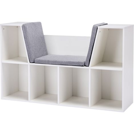 Bibliothèque, étagère enfant 6 compartiments avec pouf banque 3 coussins coffre rangement jouets blanc gris 103x30x62 cm dès 3 ans (1/5)