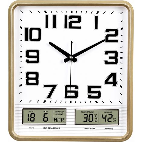 Horloge murale rectangulaire champagne silencieuse double calendrier thermomètre hygromètre 30 x 33 cm réf 8330 33 × 35 × 12 cm 500 g – Livraison gratuite