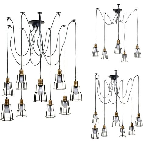 Suspension HWC-H81, lampe suspendue, métal industriel réglable en hauteur, noir 9x abat-jours cage (1/5)