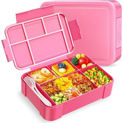 Boite Repas,Lunch Box En Plastique Avec Compartiment Boîtes à Bento 1300ml Pour Adulte Enfant(ROSE) Rose (1/5)