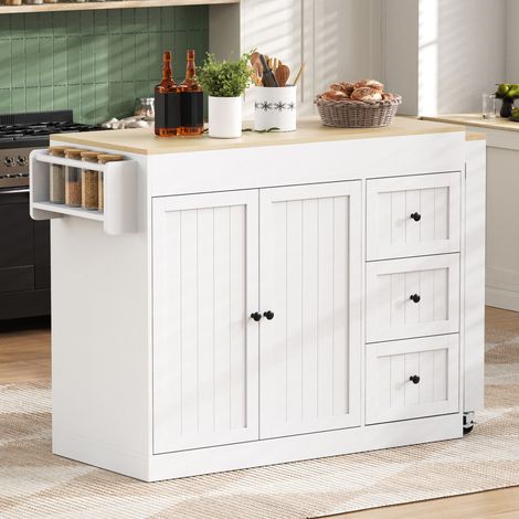 Îlot de cuisine sur roulettes, îlot de cuisine avec coin repas extensible, porte-épices et tiroirs, îlot de cuisine mobile autoportant, idéal pour la cuisine et la salle à manger (Blanc)