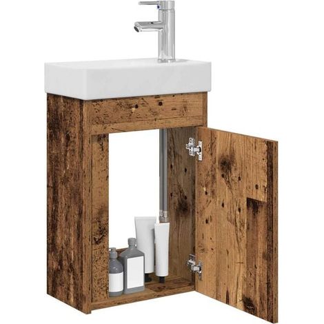 Meuble Salle de Bain Rétro en Bois avec Robinet, Vasque Intégrée et Miroir, Style Vintage Rustique pour WC (1/5)