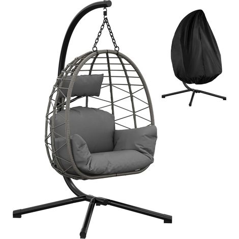 Fauteuil Suspendu sur Pied en Rotin avec Coussins et Housse, Chaise Suspendue Intérieur/Extérieur, Max 150kg, Gris (1/5)
