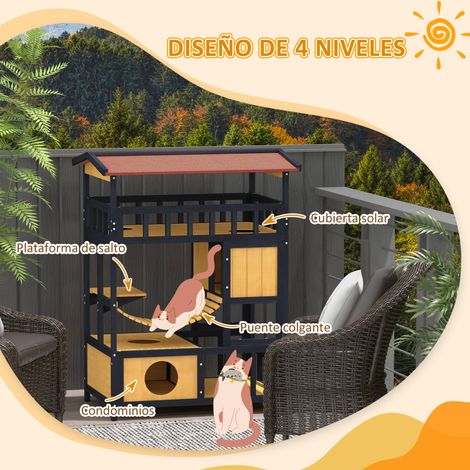 Vierstöckiges Katzenhaus (84 x 60 x 116 cm) mit Hängebrücke, Balkon und Naturasphaltdach. (1/5)