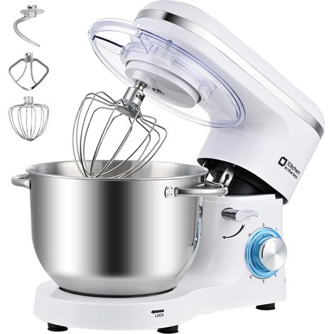 Robot Pâtissier 1400W, Bol 6,2L en Acier Inoxydable, 6 Vitesses, Fouet, Crochet et Batteur Inclus, pour Pâtisserie et Boulangerie (Blanc) (1/5)