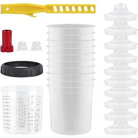 Kit de gobelets mélangeurs de peinture : couvercle et système de revêtement avec 10 inserts de 600 ml, 2 bouchons et 1 tasse rigide avec anneau de support, 1 adaptateur de tasse M16 x 1,5 (1/5)