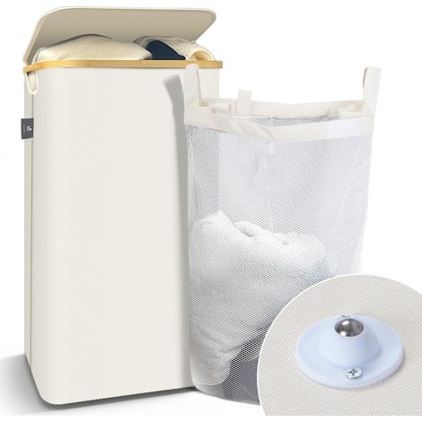 Vounot – Panier à linge pliable 100L – cadre en bambou – tissu imperméable et respirant – couvercle et sac intérieur amovible