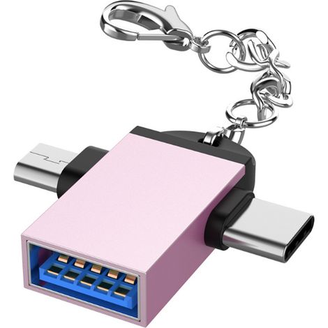2PCS Coque Alliage Aluminium 2 en 1 Adaptateur OTG USB 3.0 vers Micro USB et Type C pour Android Doré Rose avec Chaîne