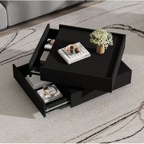 Table basse 60x60x38 cm noire, plateau rotatif 360° et 2 tiroirs, panneaux de particules MEUBLIV (1/5)