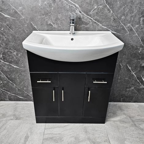 Black Vanity Unit 750mm with Ceramic Basin Chrome Handles Bathroom Storage Sink, Without Tap