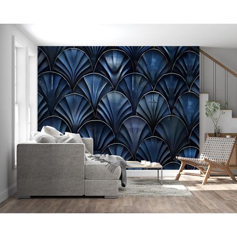 Papier Peint Géométrique - Écailles Métalliques Bleu Nuit - 150 x 250 cm (1/2)