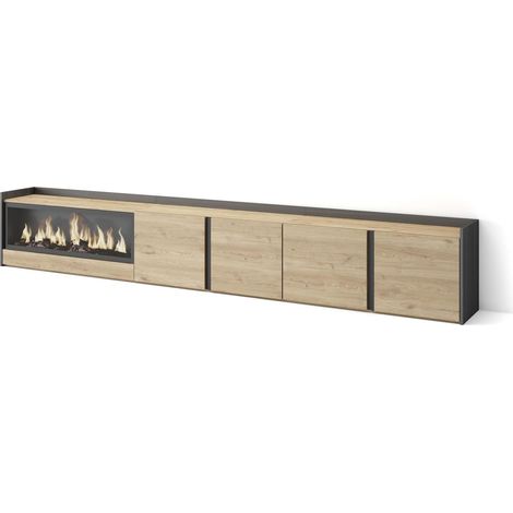 Skraut Home - Mueble TV, Televisión, Muebles de salón, almacenaje, 315x35x50cm, Para TV hasta 80", Chimenea eléctrica XXL, Estilo Moderno, Roble y negro (1/5)