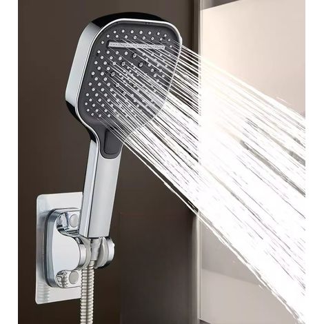 Pommeau de douche, douchette de salle de bain, grand débit d'eau, réglage à trois vitesses, super boost, avec flexible et support (1/5)