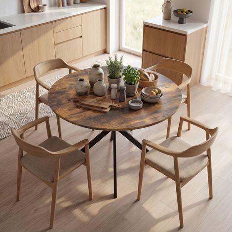 Table ronde pour 4 personnes, de cuisine industriel avec pieds en acier, pour la salle à manger, cuisine, brun rustique haut de gamme (1/5)