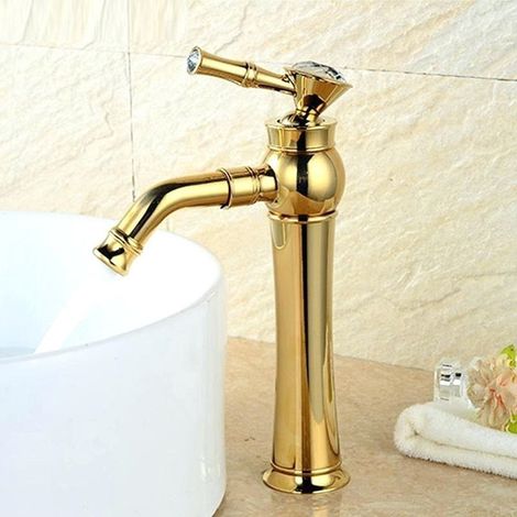 Cleafe - Miscelatore Rubinetto Monocomando Lavabo Lavandino Bagno Alto Gemme Dorato -