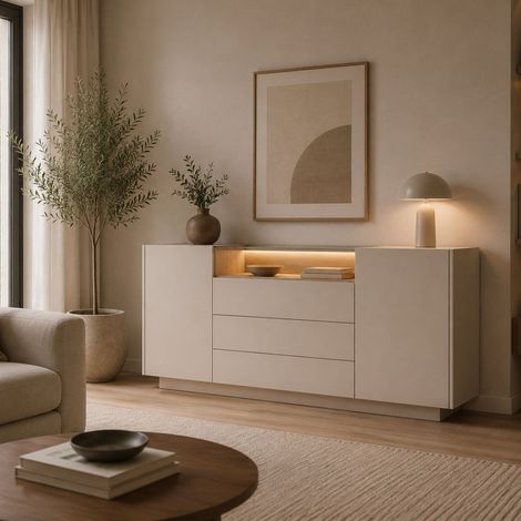 Credenza Haleli, Aparador 3 Cajones, 2 Estantes, Puertas Batientes, Correderas, 176x40x83h cm Beige (1/5)