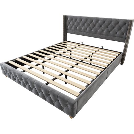 Letto capitonné 180x200 cm con rete e testiera in velluto grigio, MODENUIT (1/5)