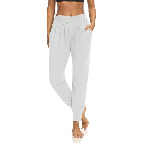 Pantalon large femme yoga jogging sarouel décontracté, confortable avec poches, tenue détente sportive, vêtement souple, pantalon fluide à la maison. (1/3)