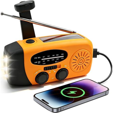 Radio Solaire d'urgence Portable avec 3 Lampes Torches LED Batterie Rechargeable 2000 mAh chargeur solaire port USB AM/FM 3 modes charge pour appareils mobiles pour Kit de Survie et Camping (1/5)