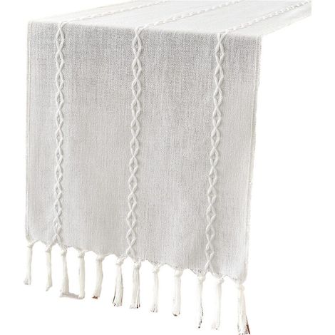 Chemin de table vintage en coton et lin, blanc uni avec franges, 33 × 228 cm (1/5)