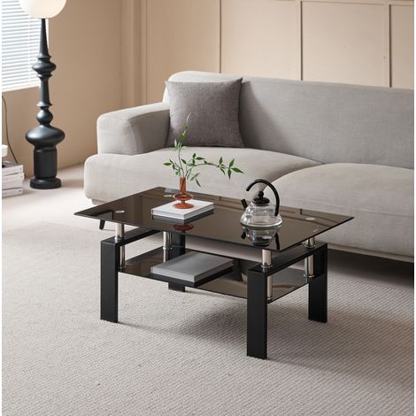 Mesa de centro rectangular de vidrio templado negro, 100 x 60 x 44 cm, 2 niveles DESVIAE (1/5)