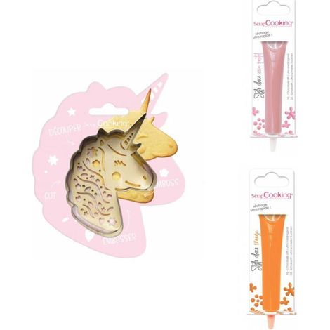 Kit pour biscuit en relief Licorne + 2 Stylos au chocolat rose pastel et orange