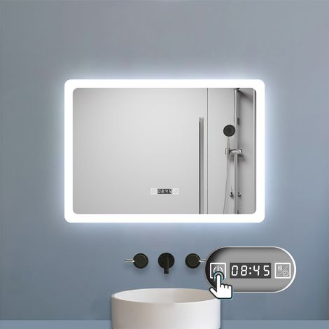 LED Badspiegel mit Uhr 3 Lichtfarbe Dimmbar Beschlagfrei Speicherfunktion Badezimmer Spiegel mit Beleuchtung CE IP44 70x50cm Horizontale Installation (1/5)