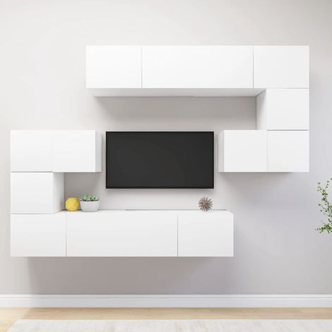 8 pcs Ensemble de Meuble TV Moderne Banc TV Meuble de Rangement Blanc Aggloméré XHET21609 (1/5)