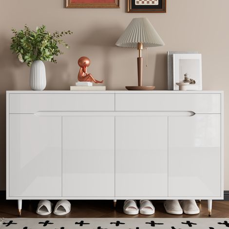Comanlai - Meuble à Chaussures 2 Portes et 2 Tiroirs Blanc et Or - Rangement Chaussures pour 18-24 Paires (1/5)