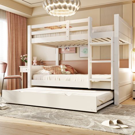 Letto a castello in legno 90 x 200 cm con struttura estensibile, trasformabile in letto singolo, con sponda di sicurezza, scaletta e rete a doghe, letto matrimoniale, bianco (1/5)