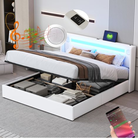 Polsterbett 212,5/166/103 cm weiß aus PU-Leder und Metall mit LED, Bluetooth und Stauraum (1/5)