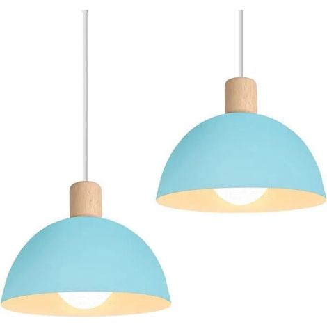 Lot de 2 Lustre Suspension Rétro Suspension Luminaire Moderne Style Demi-Cercle Plafonnier E27 en Bois Métal Bleu, Ø 20CM (1/5)