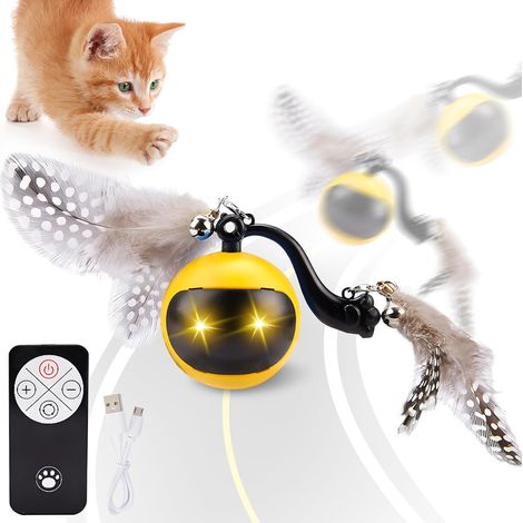 Juguete para gatos, pelota rodante con plumas, luz LED, sonido de pájaro, control remoto, para interiores (1/5)