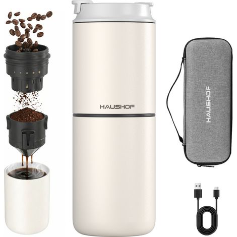 HAUSHOF Machine à Café Portable Pour-Over Tout-en-Un, Moulin Intégré, Mug Isotherme Indépendant 400 ml, Sans Fil, 4-en-1 Grind & Brew, Idéale pour Voyage et Camping, Blanc