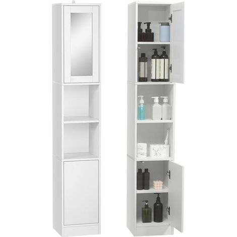 Design Étroit 30x28x170 cm Gain de Place Meuble Colonne avec Miroir Rangement pour Salle de Bain et Salon Blanc (1/5)
