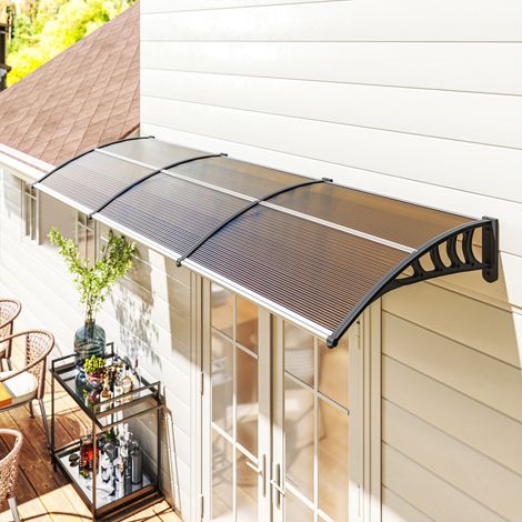Auvent extérieur 303x96cm polycarbonate aluminium pour fenêtres portes balcon, marron