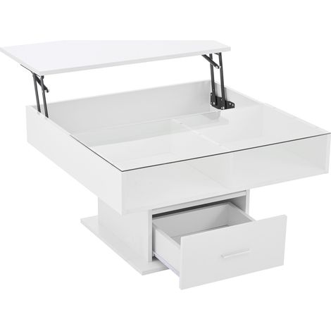ELVMI Couchtisch höhenverstellbar mit 1 Schublade und 1 offenem Fach mit LED für Wohnzimmer aus Spanplatte 78×78×45,5/59,5 cm Weiß (1/4)