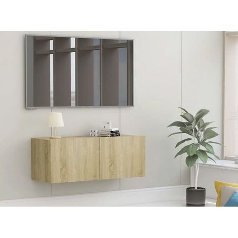 Meuble TV suspendu 2 portes bois chêne clair Oned 80cm (1/3)