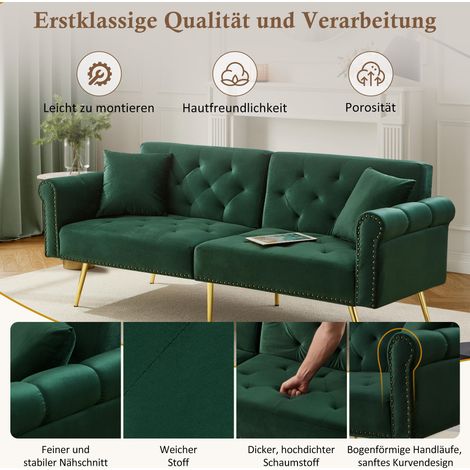 Canapé convertible 2 places moderne – revêtement velours, dossier à 3 positions réglables, pieds métal doré. Sofa lit élégant, gain de place, robuste, parfait pour petits espaces. (1/5)