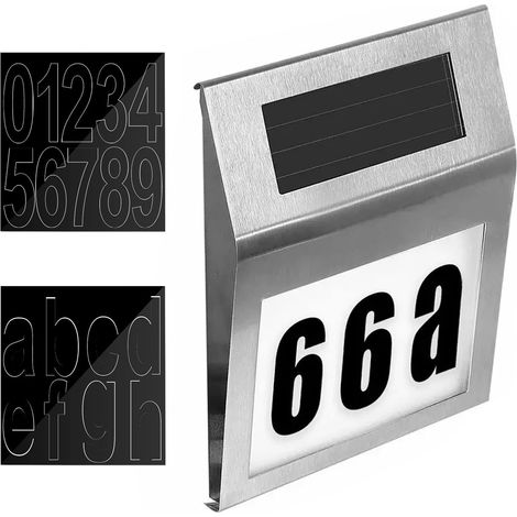 Numéro de maison lumineux solaire avec 2 LED : Numéro de maisons lumineux solaire en acier inoxydable, numéros de maison lumineu solaires à LED, avec chiffres de 0 à 9 et lettres de A à Z (1/5)