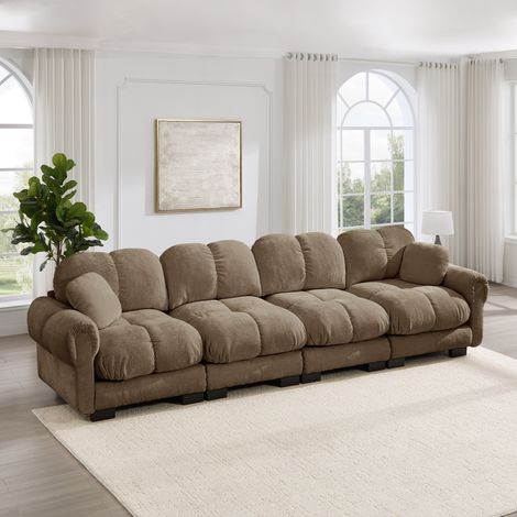 Canapé modulaire avec coussins épais matelassés, accoudoirs courbés, dossier ergonomique, chenille marron (1/5)