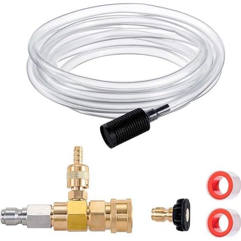 Kit d'injecteur chimique pour nettoyeur haute pression, distributeur de savon réglable à 4000 PSI avec buse à savon noire de 1/4 pouce et ruban Téflon, tuyau siphon de 3 m, raccord rapide de 3/8 pouce (1/5)