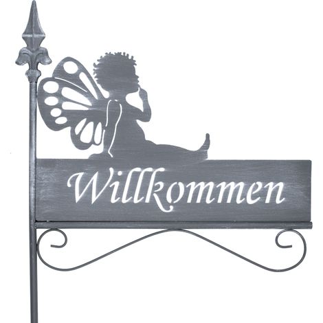 Piquet de jardin BIENVENUE en gris - env. 42 x 128 cm - décoration de jardin en métal