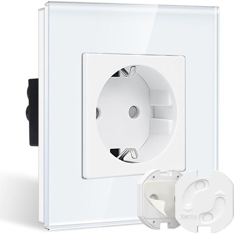 Prise simple encastrée en verre blanc - Protection de prise de courant avec mécanisme rotatif - Prise Schuko simple - Contact de protection - Prise murale avec cadre en verre (1/5)