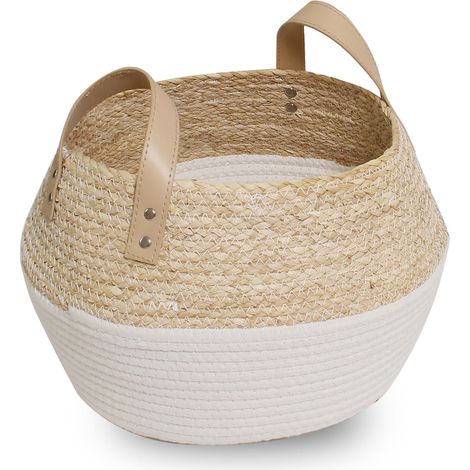 Le Marquier – Panier à bûches en corde de coton et feuilles de maïs – Dimensions 34x34x26 cm – Capacité jusqu'à 35 cm – Coloris blanc et beige (1/3)
