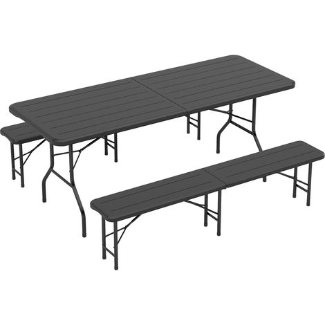 6ft (180cm) Folding Table with 2 Benches Heavy Duty Set of 3 Indoor & Outdoor Plastic Table & Bench Set for Garden, Picnic, BBQ, Camping, Party & Catering (Dark Wood) (1/5)