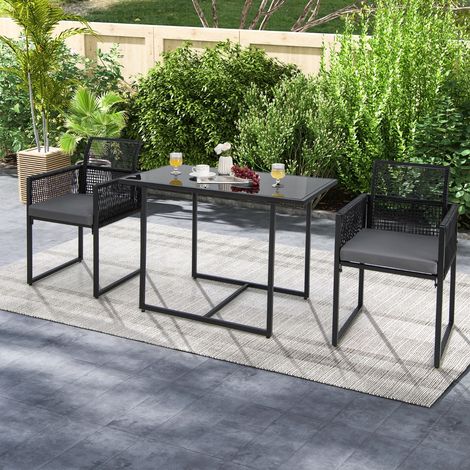Salon de Jardin 3PCS Rotin PE Anti Soleil Dossier AMOVIBLE Pateau en Verre Trempé Cadre en Métal Style Urbain Gris Maison Chic (1/4)