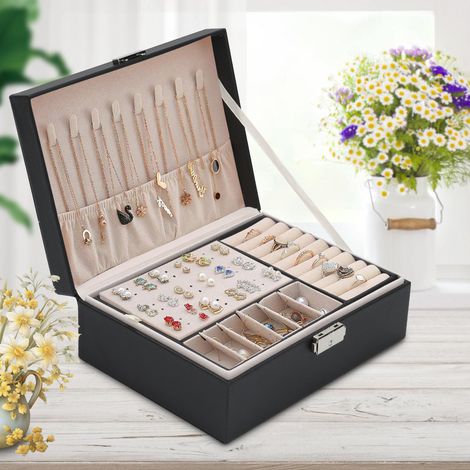 Randaco Boîte à bijoux Coffret à Bijoux Rangement Organiseur à double couche avec serrure Noir Coffret Bijoux Verrouillable Jewelry Stockage
